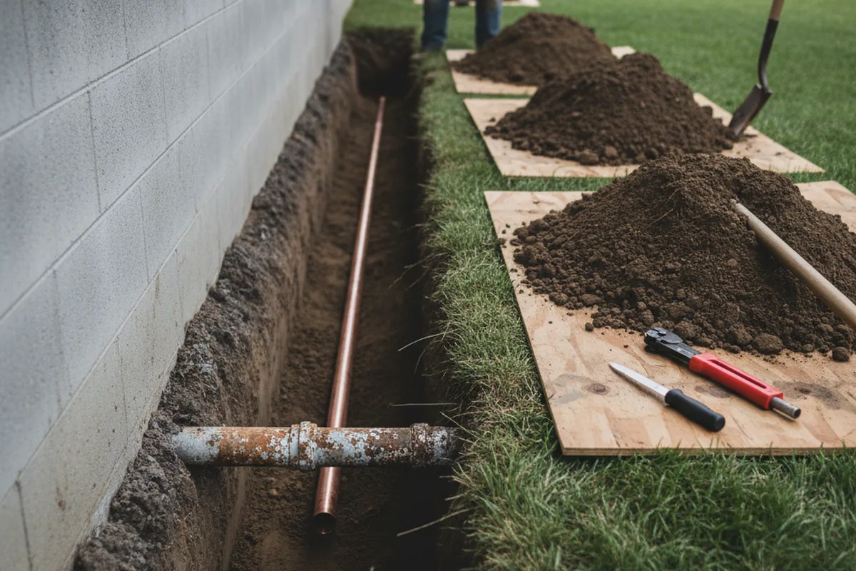 Excavated water line trench during Water Softener Installation in Elkview